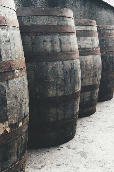 standing whisky barrels