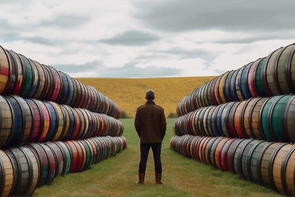 Zesty_A_person_standing_in_a_field_of_multicolored_barrels_look_82aed46e-6a72-4275-a685-e427617fe900