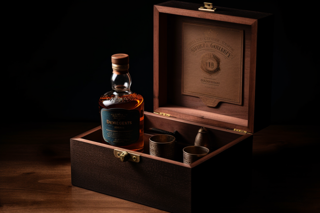 Zesty_A_wooden_box_with_a_bottle_of_whiskey_a_funnel_and_a_cork_7975e8de-591b-4bde-9c69-cc1bf4c7c8fa