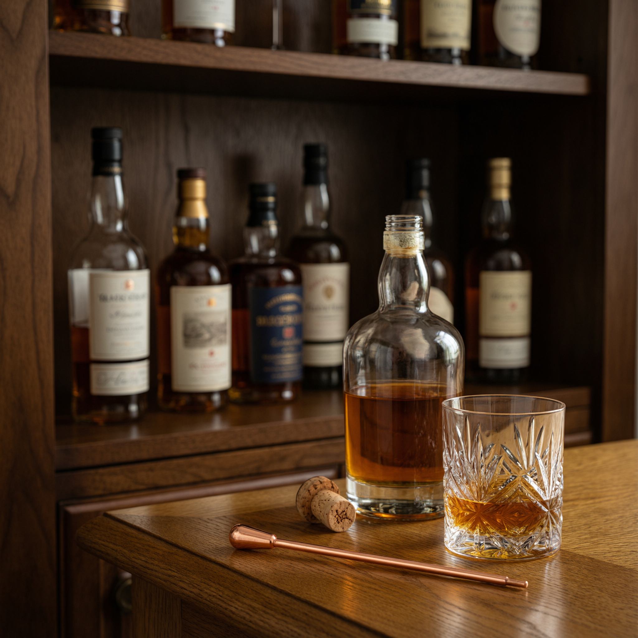 A corked bottle of amber whisky and a cut-crystal tumbler on a wooden counter, a copper bar spoon, shelves of labelled bottles behind.