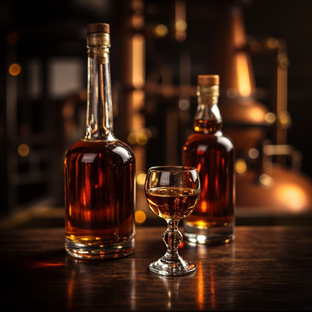 Two spirit bottles and a small stemmed liqueur glass on a dark polished bar, with copper stills and warm amber light blurred into bokeh behind them.
