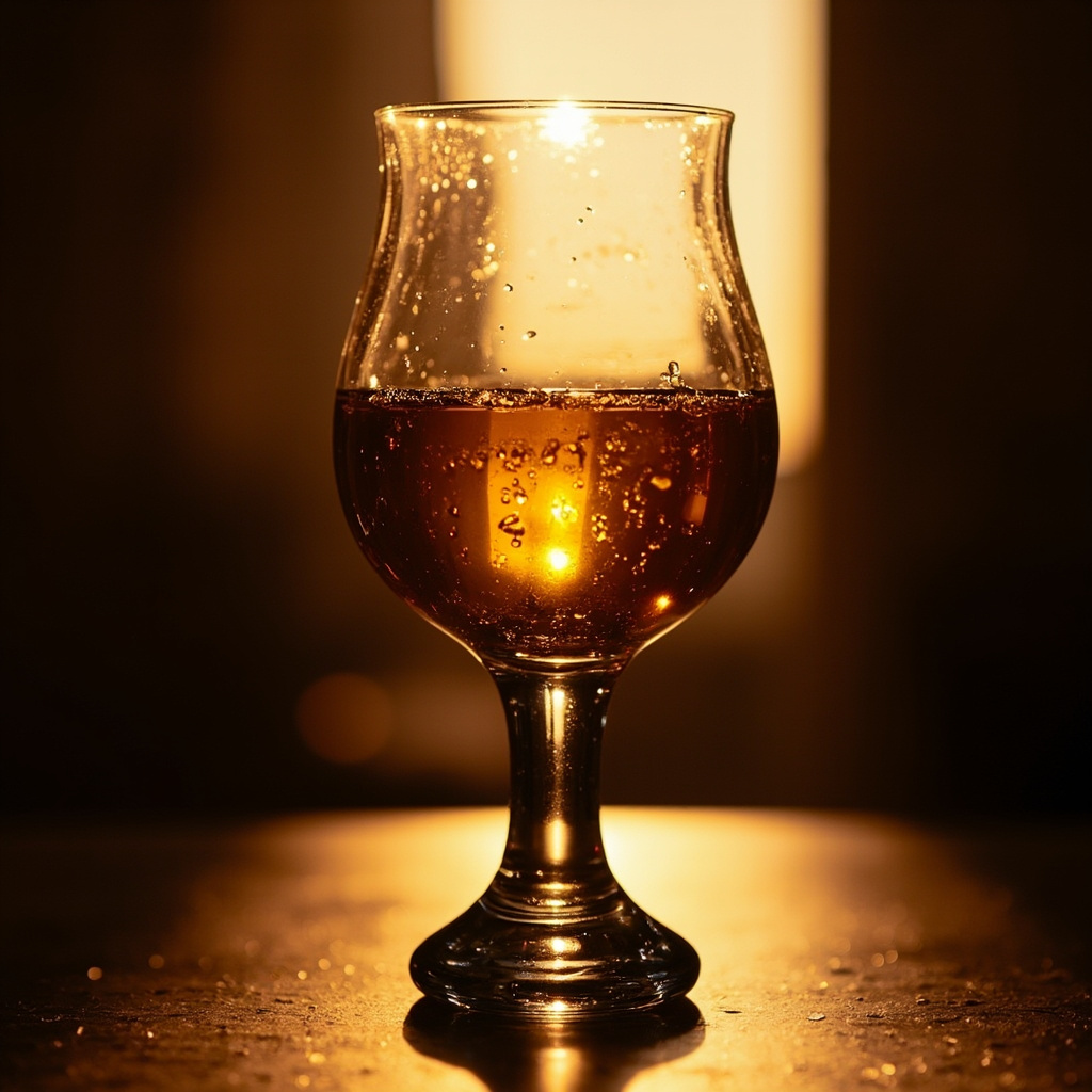 A stemmed tulip tasting glass holding a deep mahogany spirit, lit from behind so it glows gold, with fine bubbles rising through it and a wet reflective surface beneath, the background dissolved into soft cream bokeh.