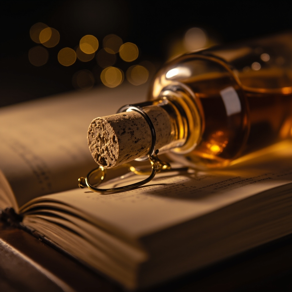 Close-up of a corked whisky bottle lying across an open book, the cork end sharp in the foreground with gold wire spectacles at the bottle neck, and warm bokeh lights blurred behind.