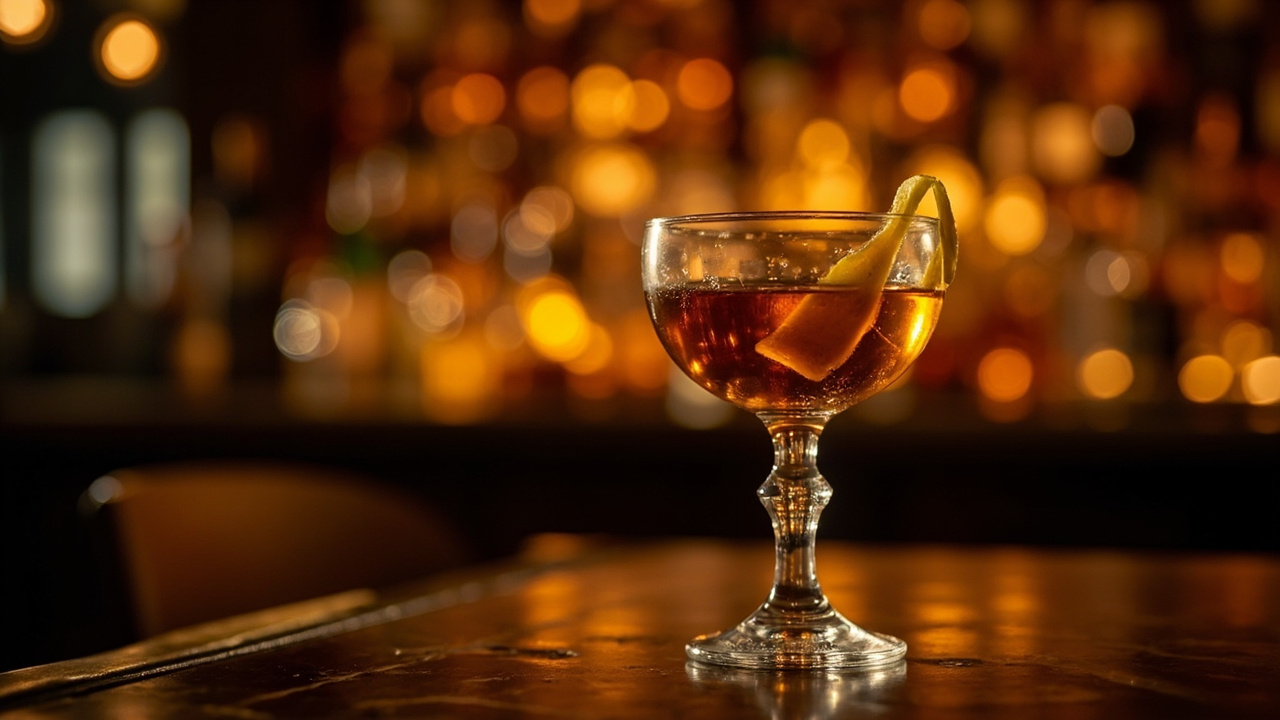 Highland Fling Scotch cocktail in a chilled coupe glass with a lemon twist